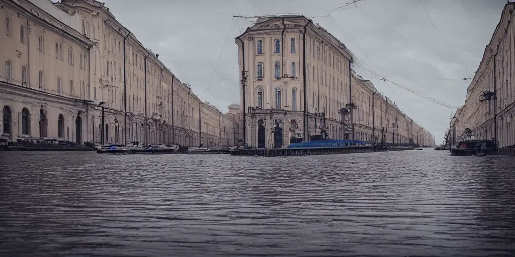 Image similar to cinematic street shot of a floating saint petersburg city, telephoto, anamorphic cinematography, beautiful composition, color theory, leading lines, photorealistic, moody volumetric lighting