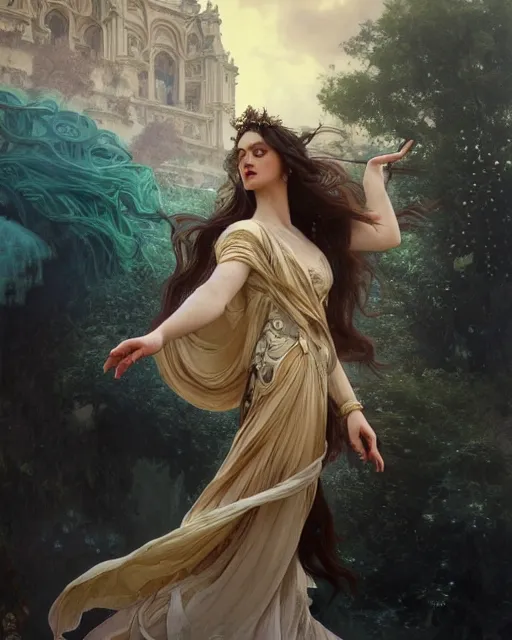 Image similar to a beautiful close up portrait of a sorceress floating on air with elegant looks, flowing robe, ornate and flowing, intricate and soft by ruan jia, tom bagshaw, alphonse mucha, krenz cushart, beautiful roman architectural ruins in the background, epic sky, vray render, artstation, deviantart, pinterest, 5 0 0 px models