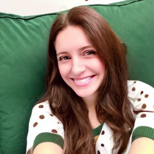 Image similar to Selfie photograph of a cute young woman smiling, long shiny bronze brown hair, full round face, emerald green eyes, medium skin tone, light cute freckles, smiling softly, wearing casual clothing, relaxing on a modern couch, interior lighting, cozy living room background, close-up shot, professional photography