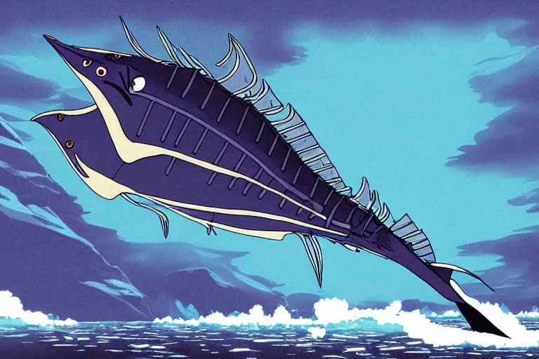 Prompt: cell shaded cartoon of a giant mechanized grey sailfish from howl's moving castle ( 2 0 0 4 ), in an icy river, full body, wide shot, very muted colors, post grunge, studio ghibli, highly detailed, deviantart, art by artgem