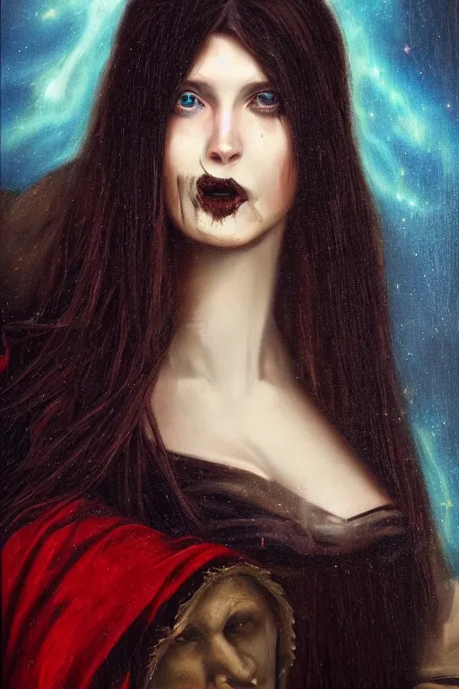 Image similar to hyperrealism oil painting, close - up portrait of european medieval brunette vampire fashion model, knight, steel gradient mixed with nebula sky, in style of baroque