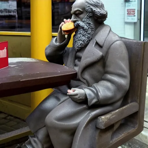 Image similar to Statue of Karl Marx eating a burger at McDonald's, photo