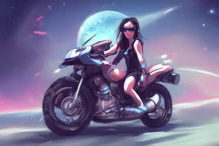 Image similar to a girl is riding a motorbike, digital painting, artstation, the space background,concept art, illustration,