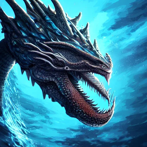 Prompt: a male dragon's face breaching through a wall of water, headshot, water sprites, splashing, deep blue ocean, highly detailed, realistic digital art, trending on artstation