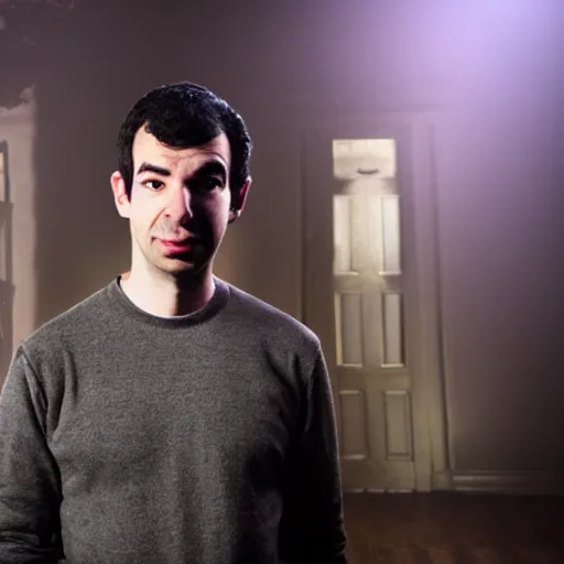 Image similar to nathan fielder looking surprised while ghost hunting in a spooky mansion, foggy eerie lighting
