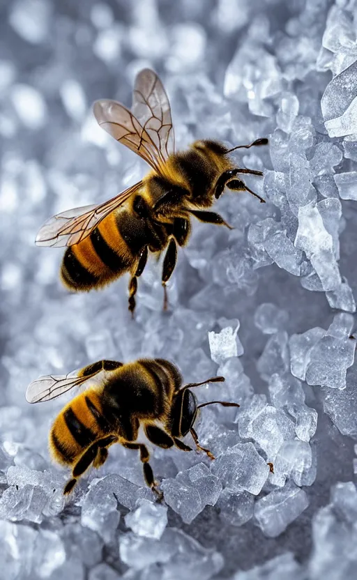 Image similar to the last bee entrapped under a sheet of ice, beautiful macro photography, cold ambient light