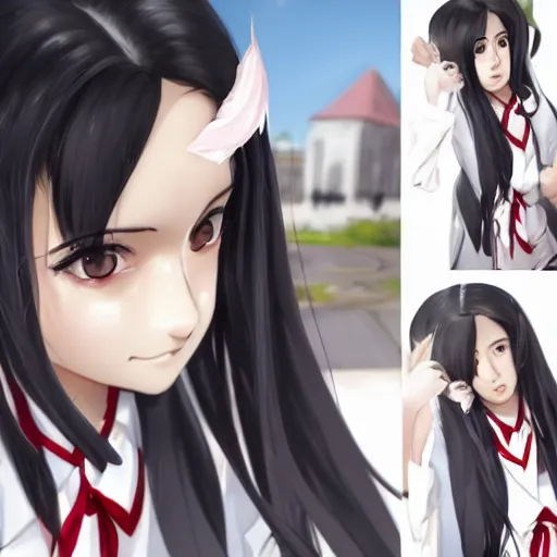 Prompt: astonishing portrait of a very beautiful anime high-school girl with black hair ponytail, white ribbon, full perfect face, realistic, highly detailed background, artstation, 120 degree view, drawn by Sasoura, Satchely and Akihiko Yoshida, no distortion