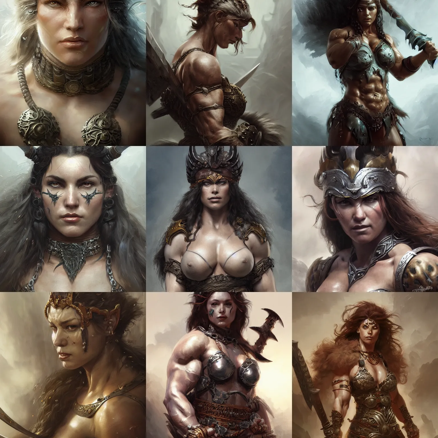 Prompt: portrait of a powerful barbarian woman, muscular, fantasy, intricate, wild, detailed, digital painting, artstation, concept art, matte, sharp focus, illustration, art by aenaluck and roberto ferri and greg rutkowski, epic fantasy, digital painting
