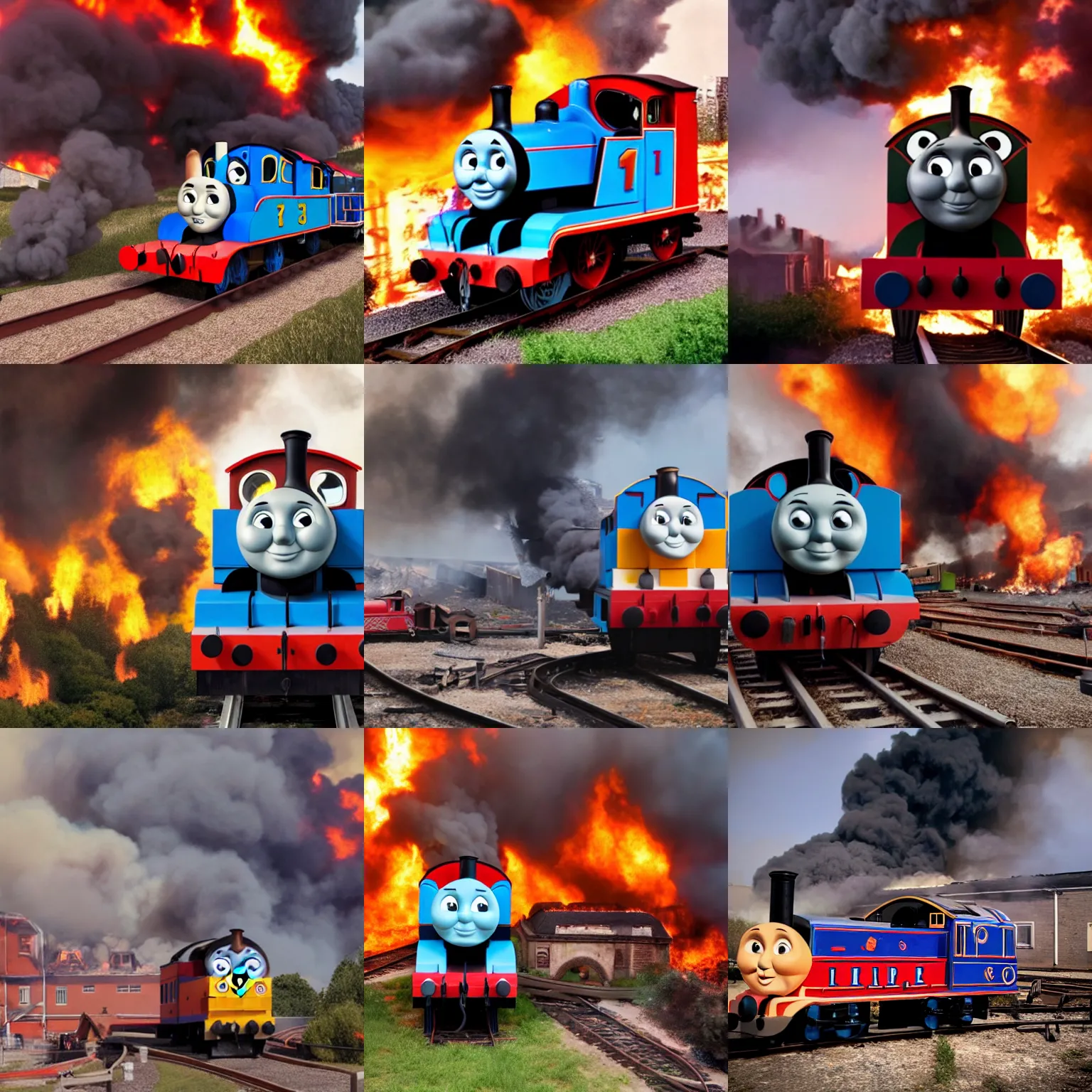 Prompt: detailed photo of thomas the tank engine with burning buildings behind him, smoke billowing into the sky