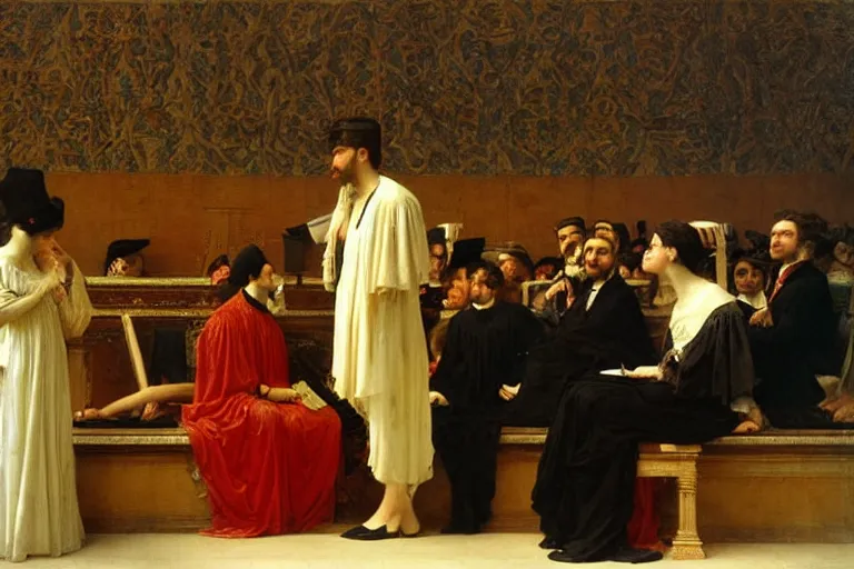 Prompt: flamboyant king giving a speech before his dubious court | fairy tale | Jules Joseph Lefebvre