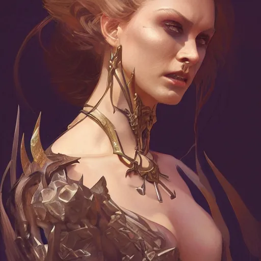 Image similar to portrait of an evil hellspawn, D&D, fantasy, intricate, elegant, highly detailed, digital painting, artstation, concept art, smooth, sharp focus, illustration, art by artgerm and greg rutkowski and alphonse mucha