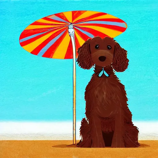 Image similar to cute brown spaniel by the seaside, parasols, bright towels, geometric, pop, lines, sketch, artwork