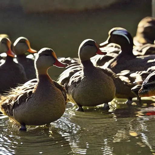 Prompt: Ducks perform a rock concert on a stage