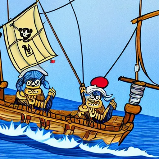 Prompt: a crew of monkeys sailing a pirate ship, cartoon style