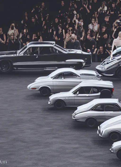 Image similar to hyperrealistic and heavy detailed balenciaga runway show of cars, leica sl 2 5 0 mm, vivid color, high quality, high textured, real life