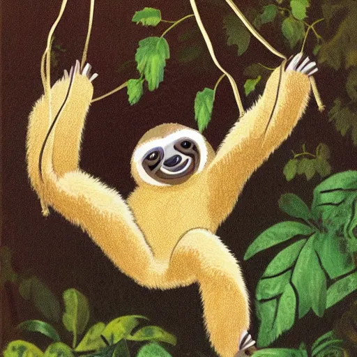 Image similar to an energetic young sloth with big eyes swinging on a vine