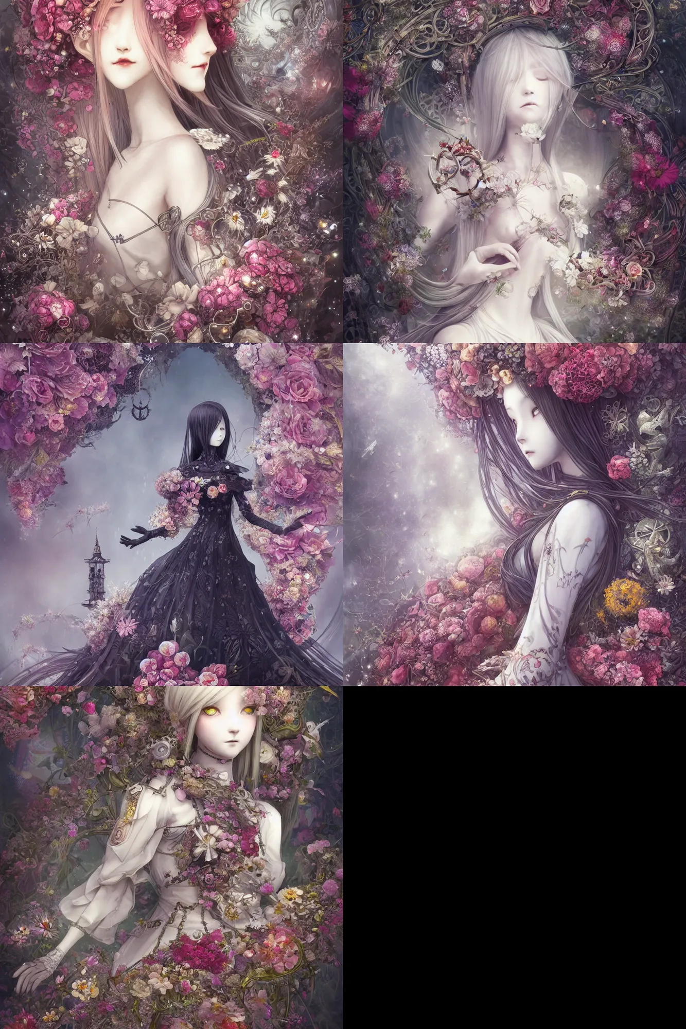 Prompt: detailed, sharp, dreaming humanoid female automata wearing gothic ornament surrounded by flowers floating in above a dystopia by Anna Dittmannand, by hayao miyazaki, digital art. surreal. trending on art station. anime arts. featured on Pixiv, HD, 8K, highly detailed, good lighting. beautiful. epic.