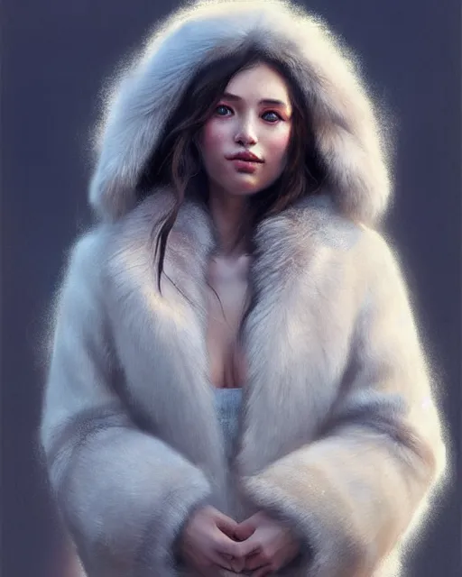 Prompt: a beautiful siberian girl with bear fur coat with hot decollete | | winter, realistic shaded, unpleasant face, bad looking, fine details, realistic shaded lighting poster by greg rutkowski, magali villeneuve, artgerm, jeremy lipkin and michael garmash and rob rey