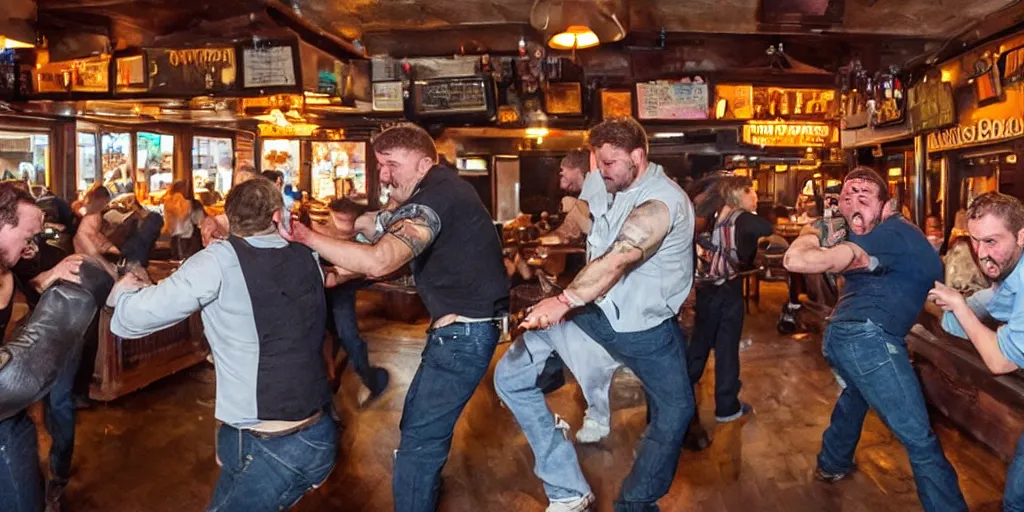 Prompt: a bar fight inside a pub