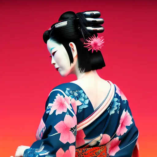 Image similar to an android geisha in a lotus position wearing a flowing kimono and tattoos, octane render, unreal engine, 8 k, cinematic, artwork by ilya kuvshinov