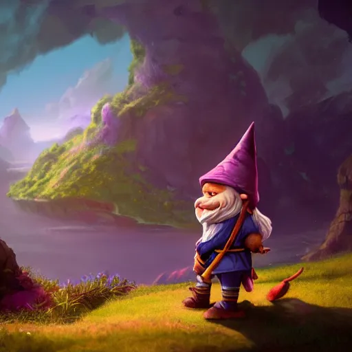 Image similar to a gnome looking for a new adventure in a colorful fantasy world, beautiful landscape, dramatic lighting, cinematic, establishing shot, extremly high detail, photorealistic, cinematic lighting, post processed, concept art, artstation, matte painting, style by greg rutkowsky
