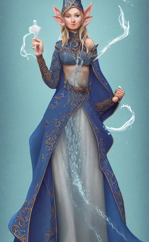 Prompt: elf female sorcerer doing water magic spells, blue robes, exquisite details, full body character design on a white background, by studio muti