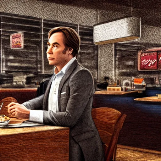 Prompt: Jimmy McGill ordering food at a McDonald's, HDR, 4, highly detailed, pencil sketch