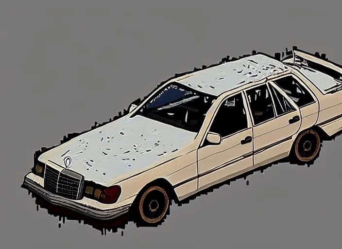 Image similar to burning wrecked mercedes 1 2 4, pixelart by kirokaze, award winning. dramatic. trending on artstation. very low quality, low resolution sync by honeybunny