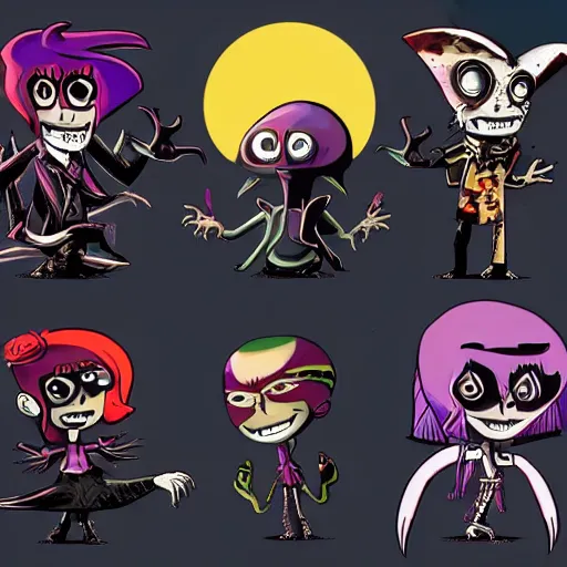 Prompt: psychic punk rocker vampiric electrifying rockstar with vampire squid head concept character designs of various shapes and sizes by genndy tartakovsky and splatoon by nintendo and the psychonauts franchise by doublefine tim shafer artists as well as the artist for the haunted mansion ride characters for the new hotel transylvania film