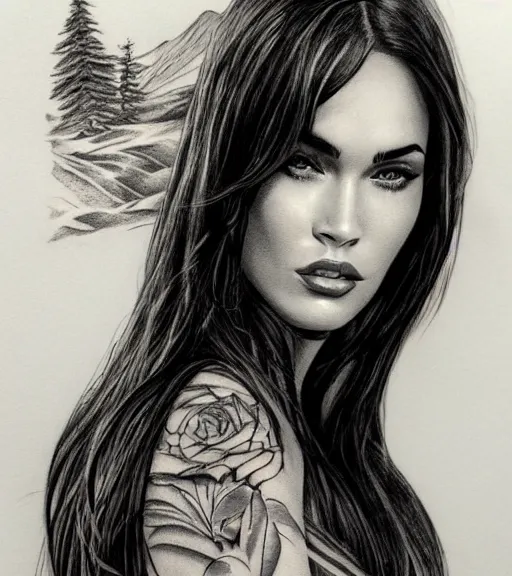 Prompt: tattoo design sketch of megan fox face against a background of beautiful mountains and nature, hyper - realistic, in the style of den yakovlev, amazing detail, black and white