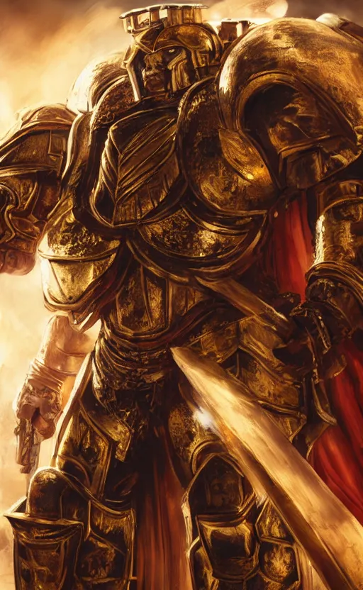 Image similar to angry Henry Cavill as warhammer 40k God-Emperor of Mankind dressed in his glowing golden power armor. full-length portrait, beautiful face, long hair, painted by Donato Giancarlo, intricate fine armor rune details, cinematic, highly detailed, octane render