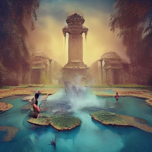 Image similar to beautiful symmetrical an old silent pond angels jump into the pond splash! silence again, surrounded by machine axonometric fantasy intricate elegant highly detailed in volumetric void of latent space lush flowers surround, realm of the gods golden turquoise steampunk, high contrast cinematic light, mystical shadows, octane render, photographic, concept art, art high renaissance art, unreal engine 8 k