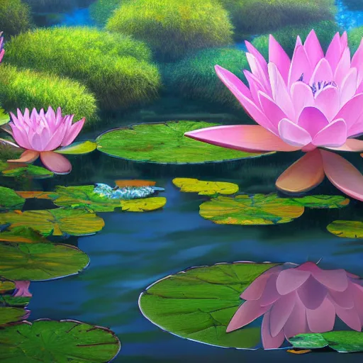 Prompt: a beautiful painting of a water lily pond by yusuke murata and makoto shinkai, cel shaded, unreal engine, highly detailed, iridescent, illustration, artstation,