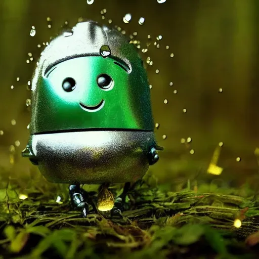 Image similar to A tiny, tin robot, in a green forest holding a leaf over his head to shield him from the wet rain. dew drops. cinematic lighting, cute.