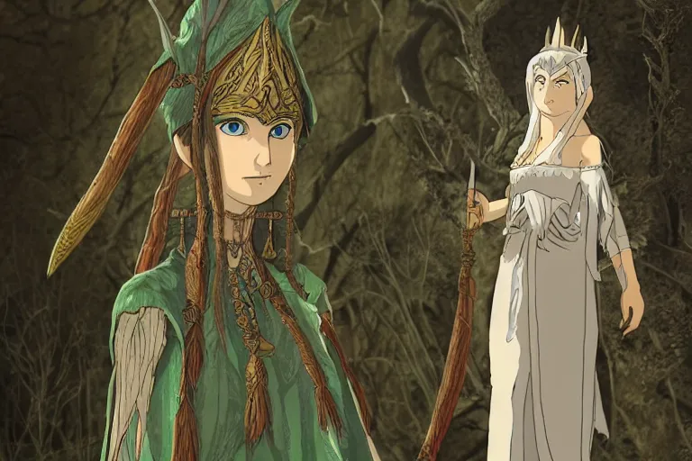 Image similar to tonemapped elven priestess by hayao miyazaki, highly detailed,