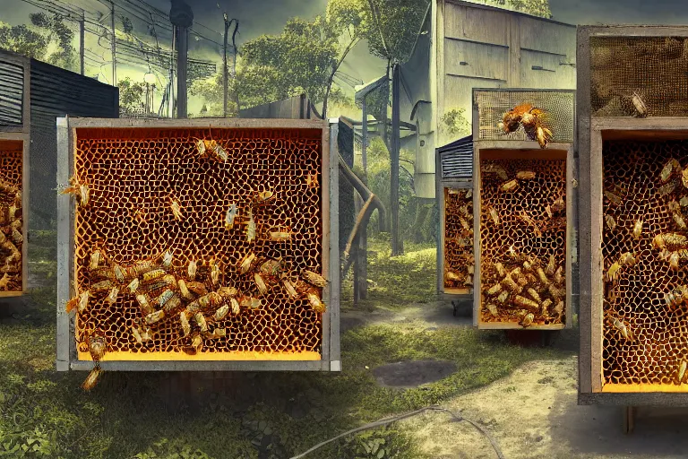 Image similar to favela lobster honeybee hive, wooded environment, industrial factory, whimsically, award winning art, epic dreamlike fantasy landscape, ultra realistic,