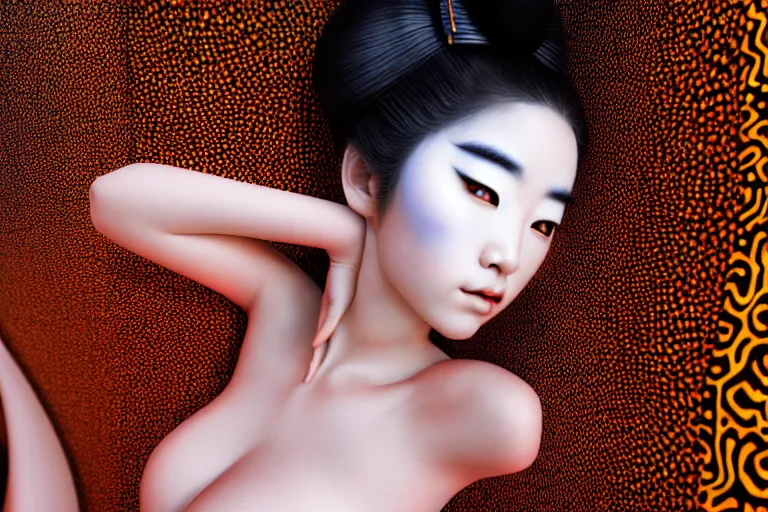 Image similar to hyperrealistic detailed image of a geisha laying in a art installation, interior by yayoi kusama, part by kei mieno, part by alex gray, part by ross tran, part by james jean, ultra realistic, highly detailed, life like face, detailed body, 8 k, octane render, trending on artstation, very cohesive, masterpiece