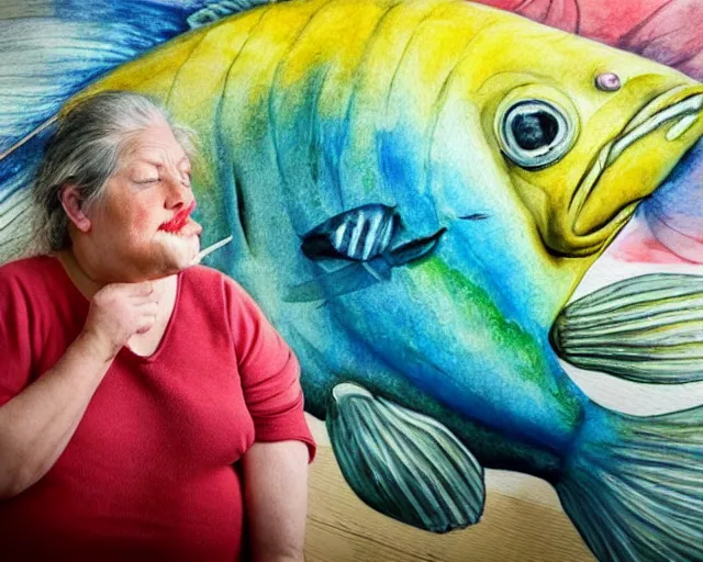 Image similar to an innocent and beautiful scene in hyper realistic style, watercolor and pen oily drawing on wood, of a fat old lady painting a huge colorful fish on the wall, lighting from the barred window. shadows. 4 k. wide angle. wild mood. red mouth, blue eyes. deep focus, lovely scene. ambient occlusion render. unreal engine.