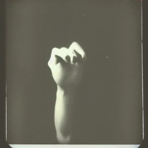 Prompt: old polaroid of a giant demon hand apearing in a dark spot of a room, black and white