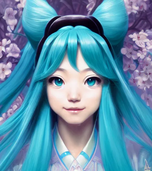 Image similar to portrait of disney! hatsune miku!!!!!, intricate, elegant, highly detailed, digital painting, artstation, concept art, smooth, sharp focus, illustration, art by artgerm and greg rutkowski and alphonse mucha and uang guangjian and gil elvgren and sachin teng and wlop, symmetry!!