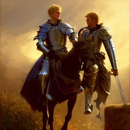 Image similar to attractive arthur pendragon and his favourite attractive male knight, they are in love, camelot, natural lighting, path traced, highly detailed, high quality, digital painting, by gaston bussiere, craig mullins, j. c. leyendecker