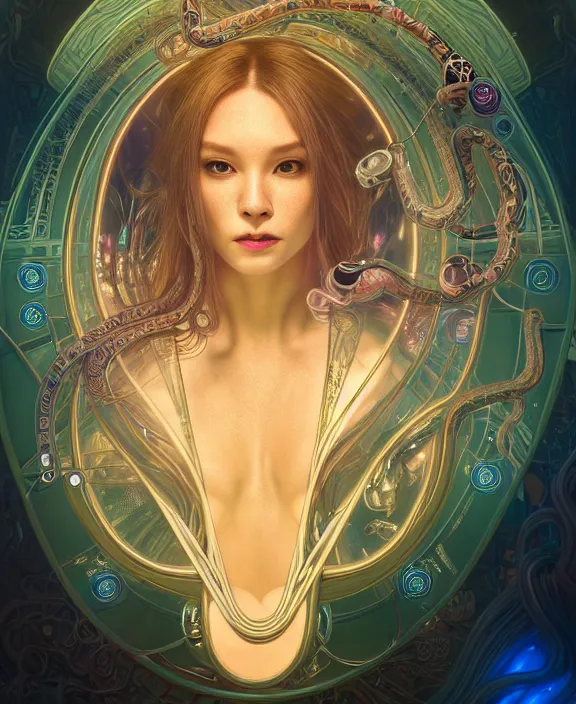 Image similar to intricate opulent transparent clear see - through portrait of handsome masculine snake, fractal, neon lights, circuitry, spaceport environment, ultra realistic, concept art, art nouveau, photorealistic, octane render, 8 k, unreal engine. art by nori inoguchi and sam kaplan and zachary goulko and christopher marley and artgerm and alphonse mucha