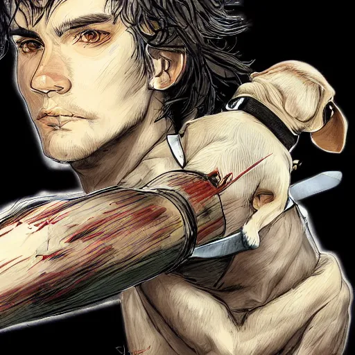 Image similar to self portrait, young white hispanic handsome man with short light brown hair and light skin and a 5 o clock shadow and holding a pug while fighting against 2 swordsmen pencil art, blood, added detail, high definiton, colored, backfacing, illustrated by yoji shinkawa