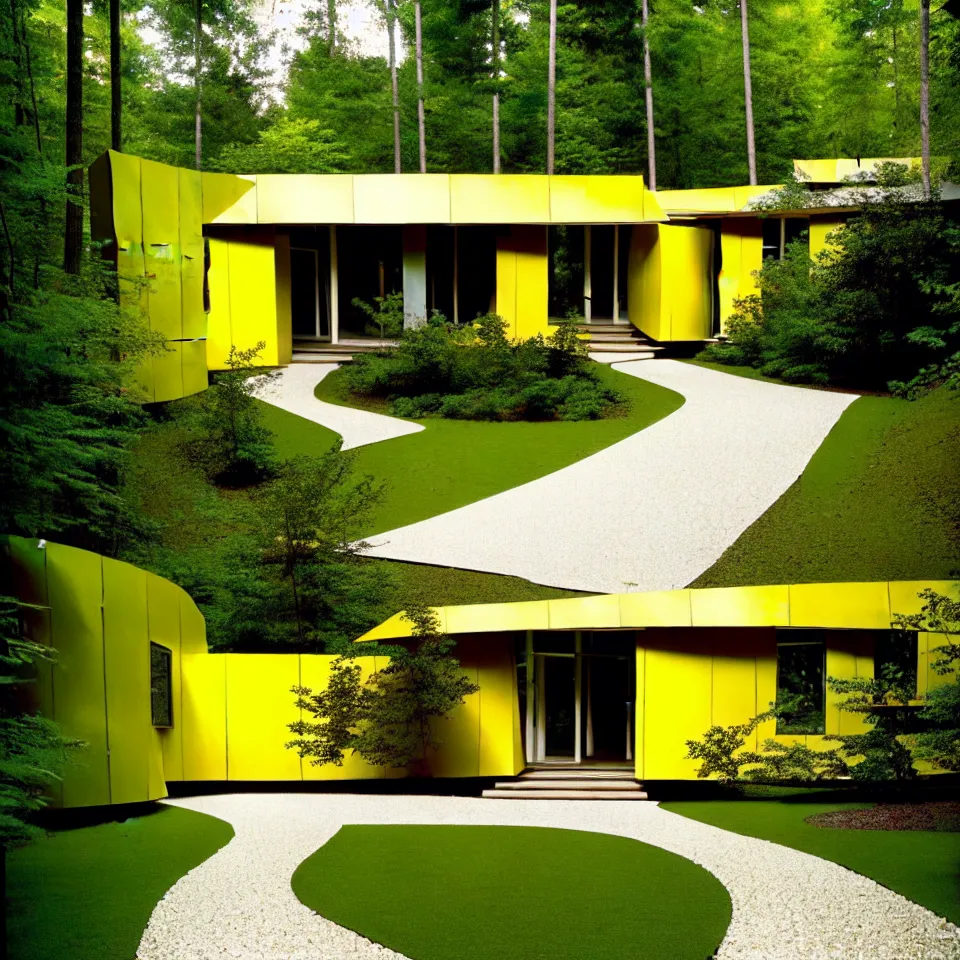 Prompt: a gravel pathway leading to a mid-century modern house in a forest, designed by Frank Gehry. Big tiles. Film grain, cinematic, yellow hue