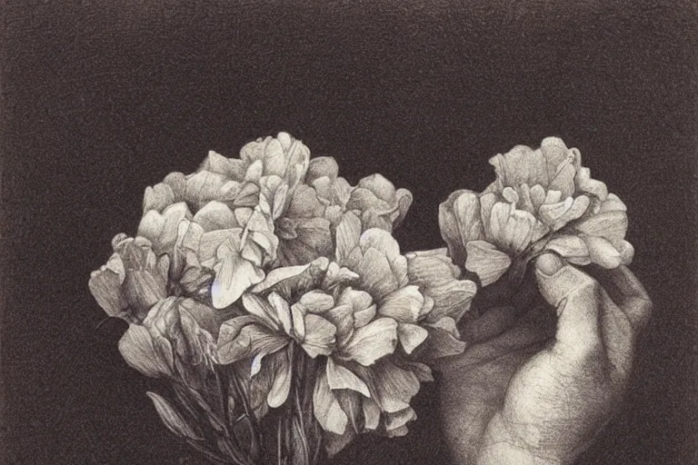 Image similar to close-up flower in hands, soft light, Gustave Dore lithography