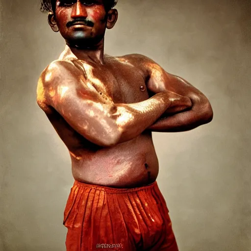 Prompt: color photo, closer up portrait of indian kushti wrestler by richard avedon, realistic, Leica, medium format, cinematic lighting, parallax, high resolution,