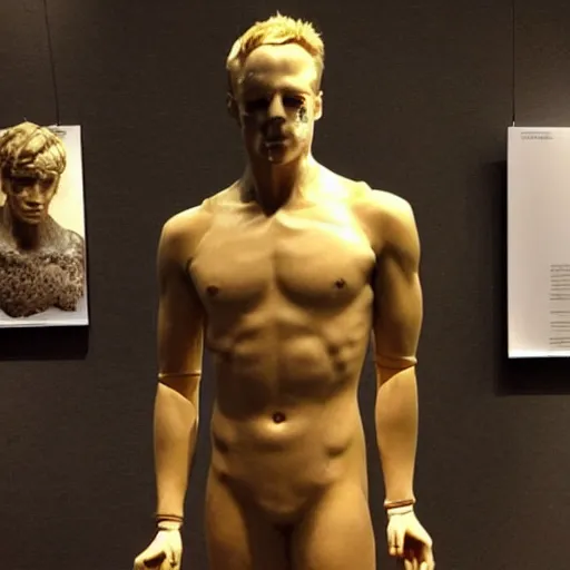 Image similar to “a realistic detailed photo of a guy who is an attractive humanoid who is half robot and half humanoid, who is a male android, British diver Jack Laugher, shiny skin, posing like a statue, blank stare, at the museum, on display”