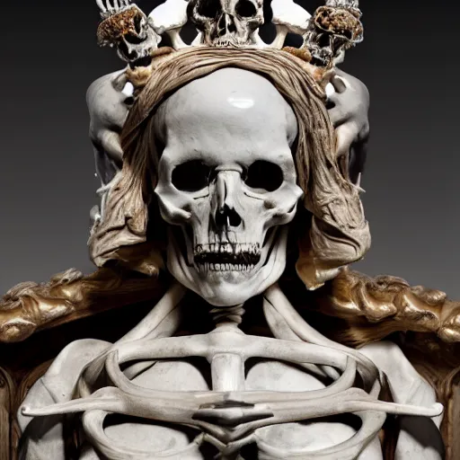 Image similar to a full figure marble sculpture of the queen of bones, detailed face, full figure, crown of skulls, sitting on a throne of bones, by michaelangelo, high detail, hard lighting, 4 k