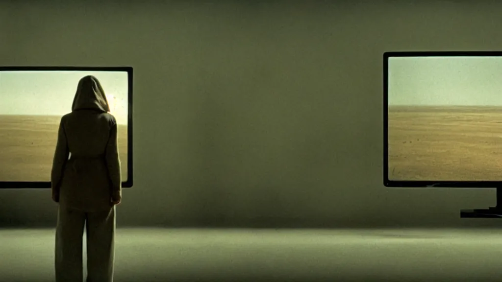 Image similar to a television with static playing on it, film still from the movie directed by Denis Villeneuve with art direction by Zdzisław Beksiński, wide lens