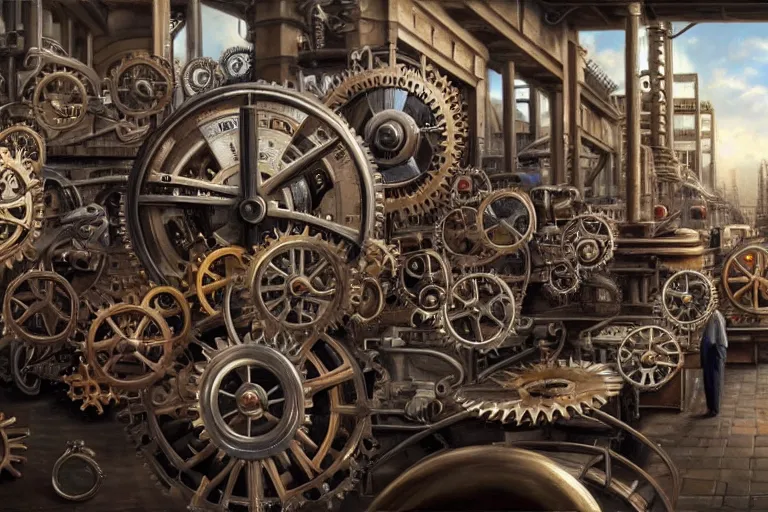 Image similar to ( ( a beautiful 8 k photorealistic masterpiece oil painting ) ( of ( a lot of detailed cogs and complex machinery while tons of people on the background ) ) ) ( hyperrealism ) ( 1 6 k ) ( trending on artstation )